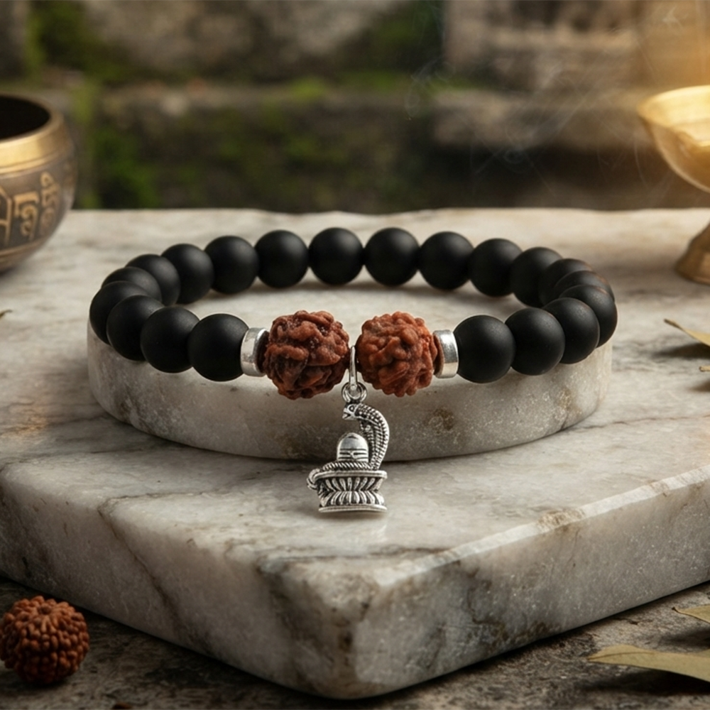 The99Jewel Rudraksha & Matte Beads Bracelet with Shivling Charm for Mens