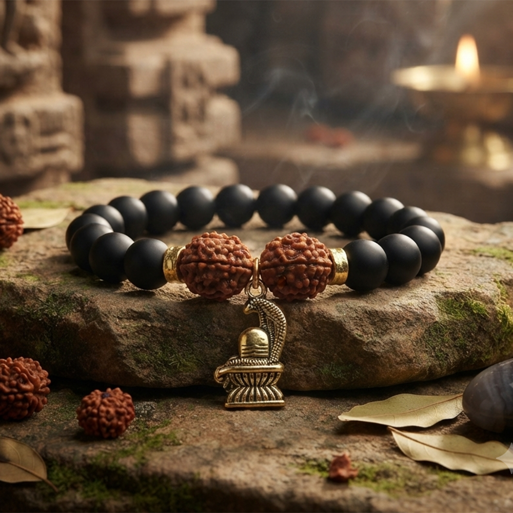The99Jewel Rudraksha & Matte Beads Bracelet with Shivling Charm for Mens