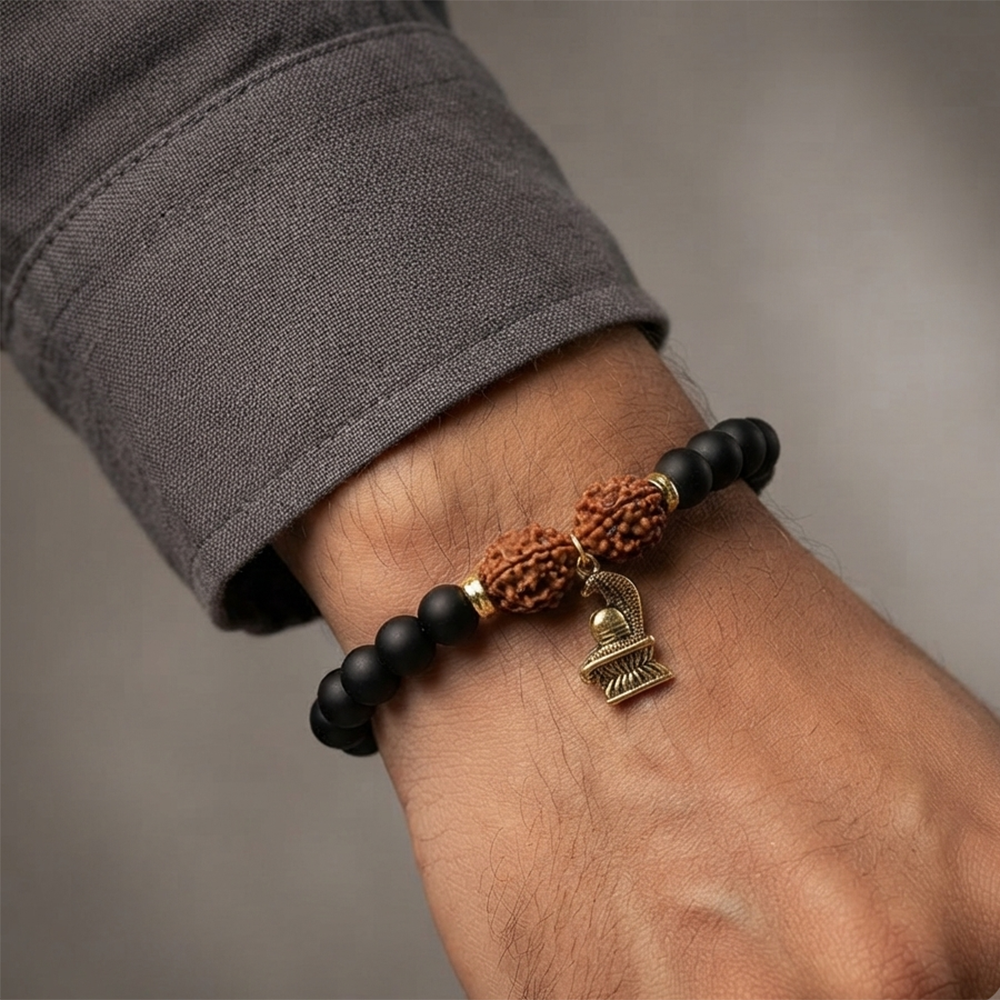 The99Jewel Rudraksha & Matte Beads Bracelet with Shivling Charm for Mens