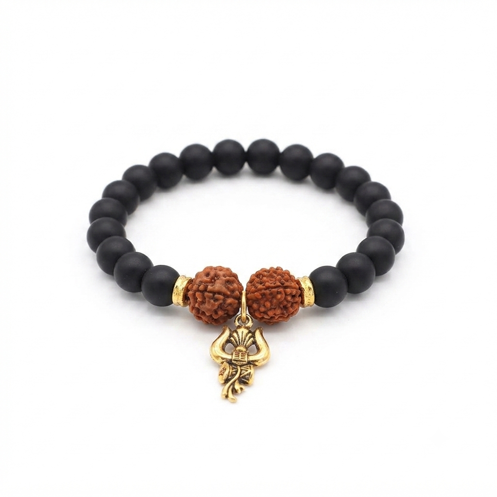 The99Jewel Rudraksha & Matte Beads Bracelet with Trishul Charm for Mens