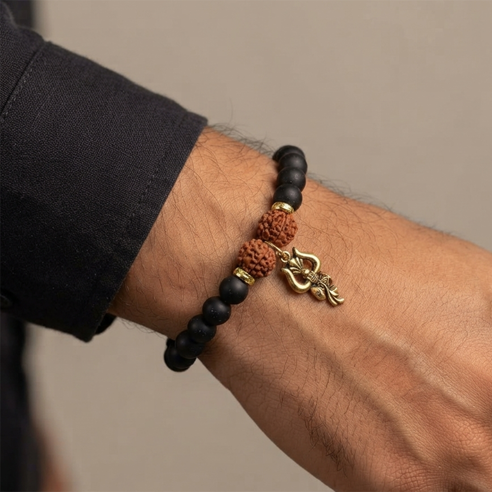 The99Jewel Rudraksha & Matte Beads Bracelet with Trishul Charm for Mens