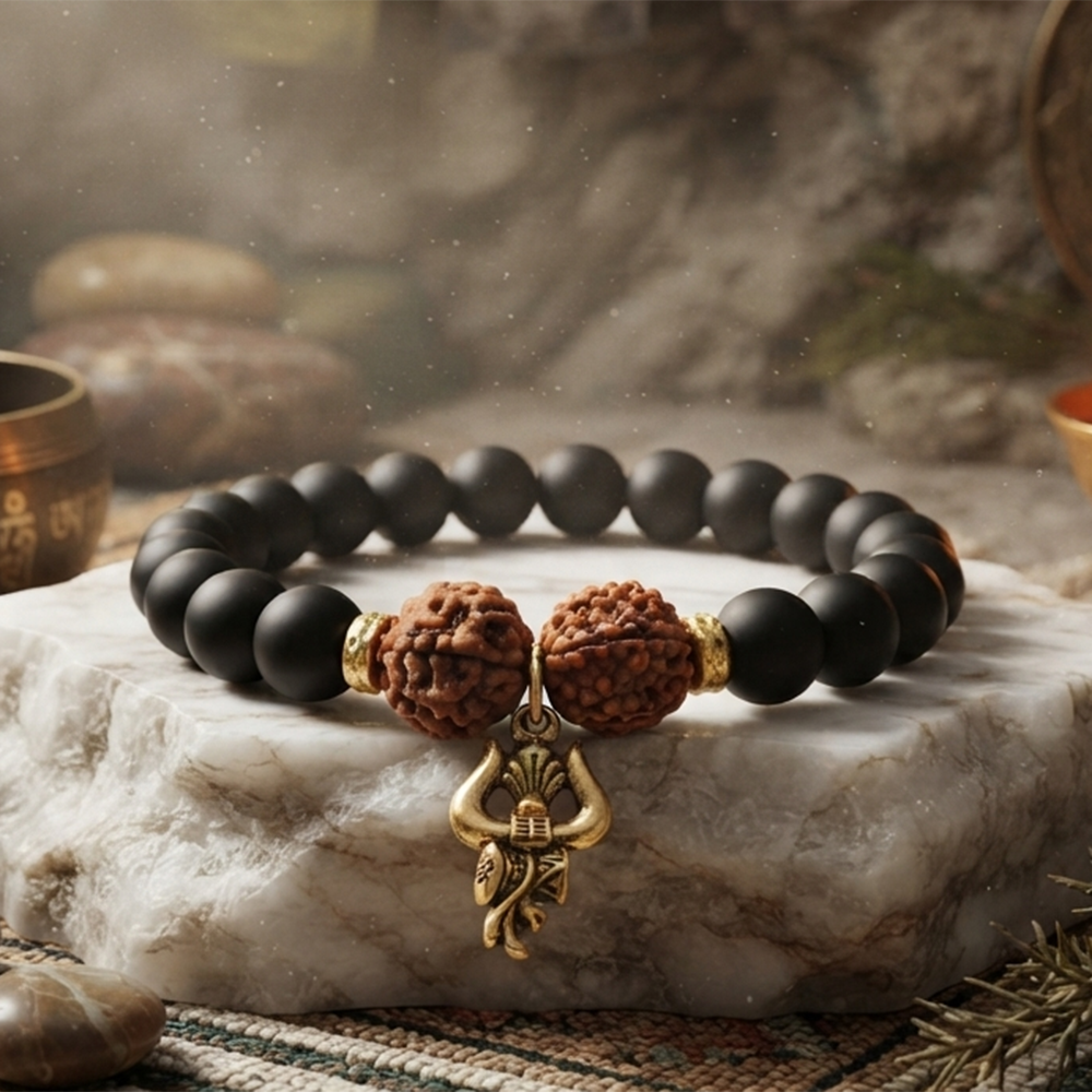 The99Jewel Rudraksha & Matte Beads Bracelet with Trishul Charm for Mens
