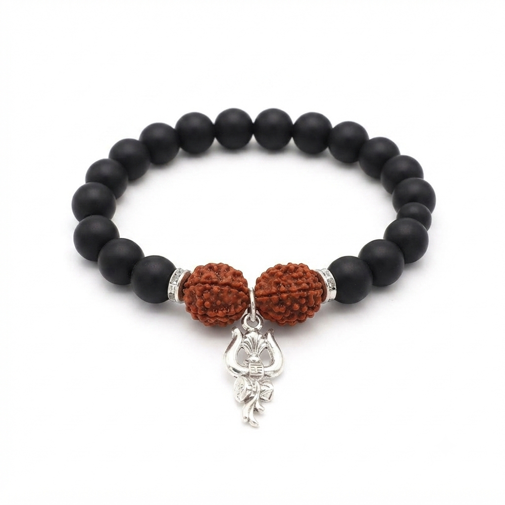 The99Jewel Rudraksha & Matte Beads Bracelet with Trishul Charm for Mens