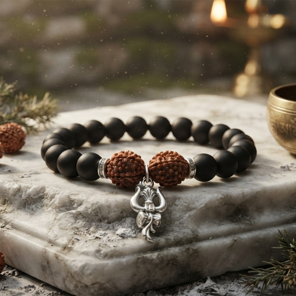 The99Jewel Rudraksha & Matte Beads Bracelet with Trishul Charm for Mens