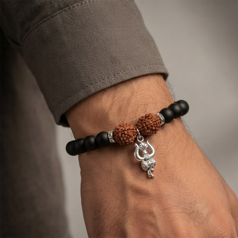 The99Jewel Rudraksha & Matte Beads Bracelet with Trishul Charm for Mens