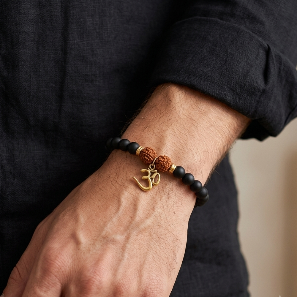 The99Jewel Rudraksha & Matte Beads Bracelet with Om Charm for Mens