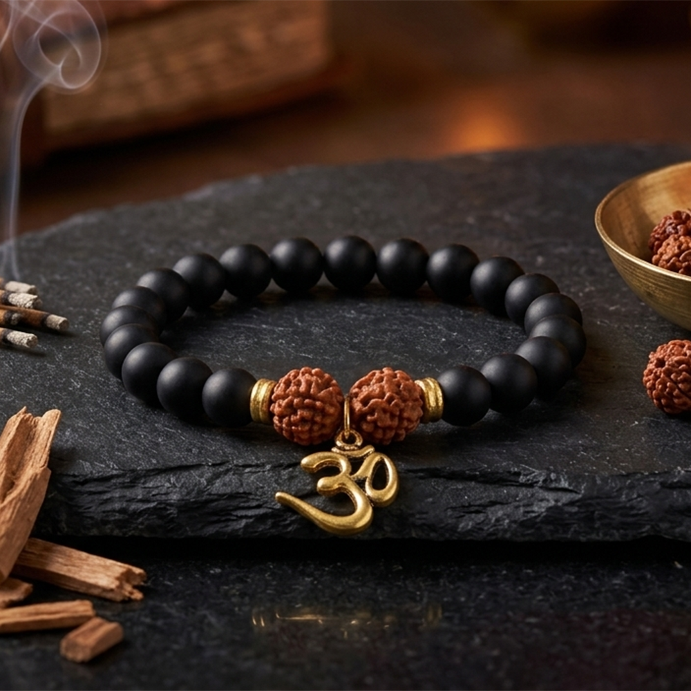 The99Jewel Rudraksha & Matte Beads Bracelet with Om Charm for Mens