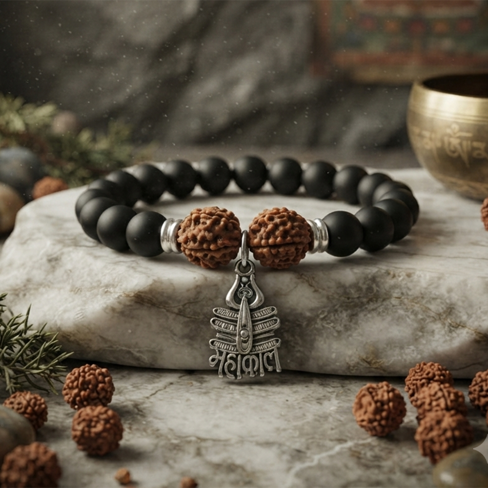 The99Jewel Rudraksha & Matte Beads Bracelet with Mahakal Charm for Mens