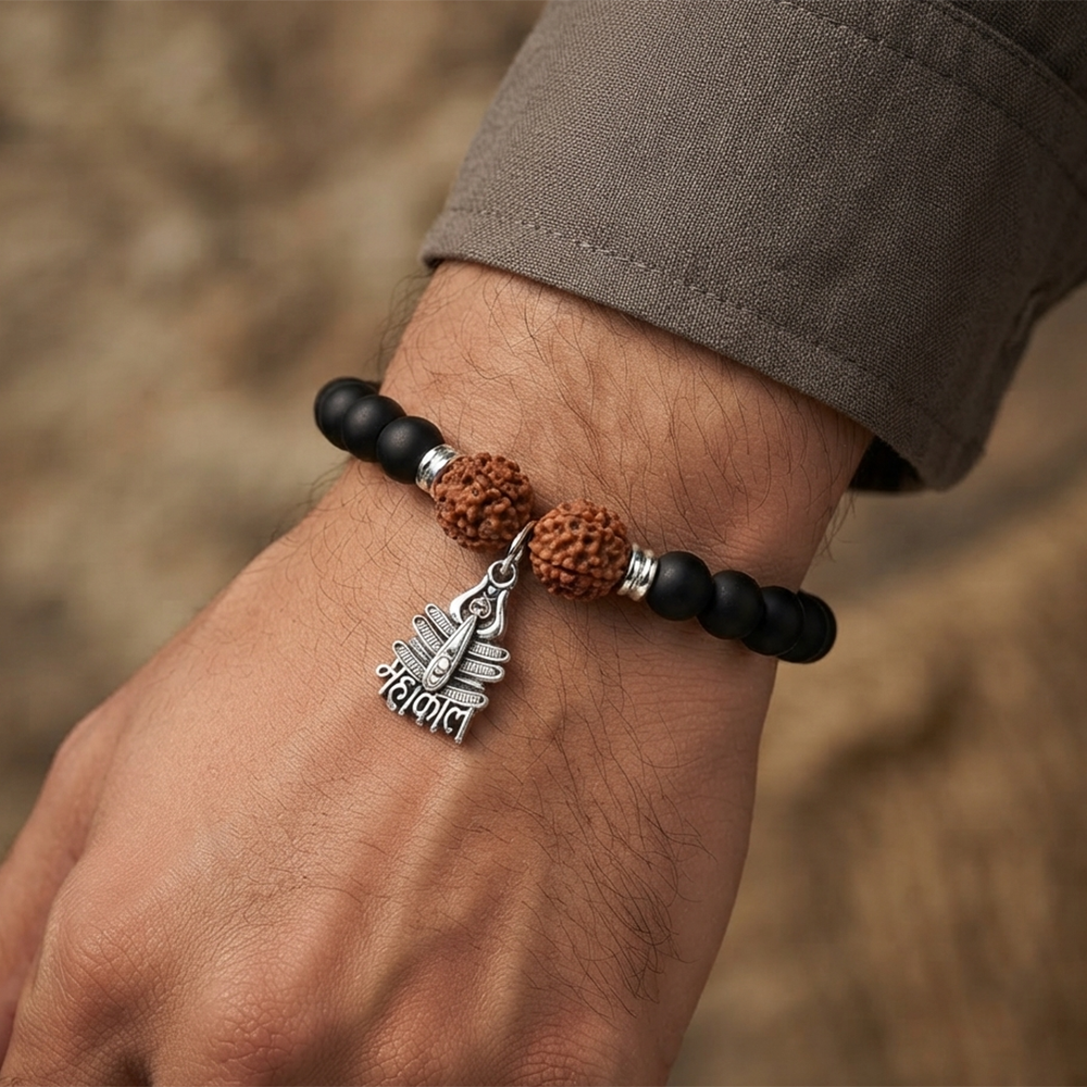 The99Jewel Rudraksha & Matte Beads Bracelet with Mahakal Charm for Mens