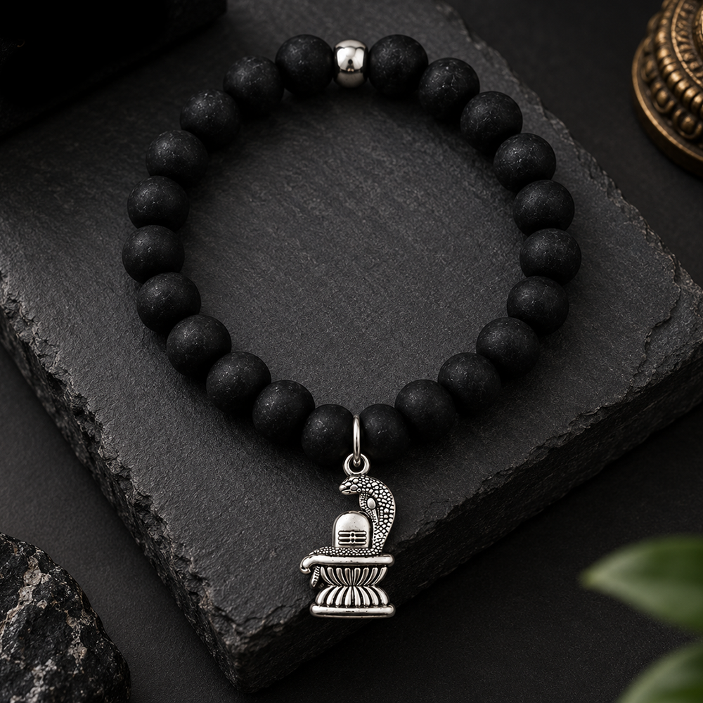 The99Jewel Black Matte Beads Bracelet with Shivling Charm for Mens