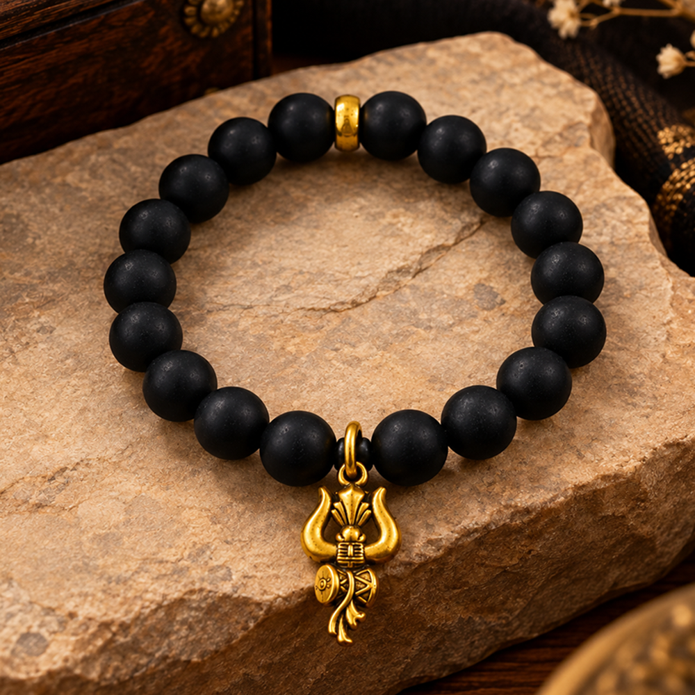 The99Jewel Black Matte Beads Bracelet with Trishul Charm for Mens
