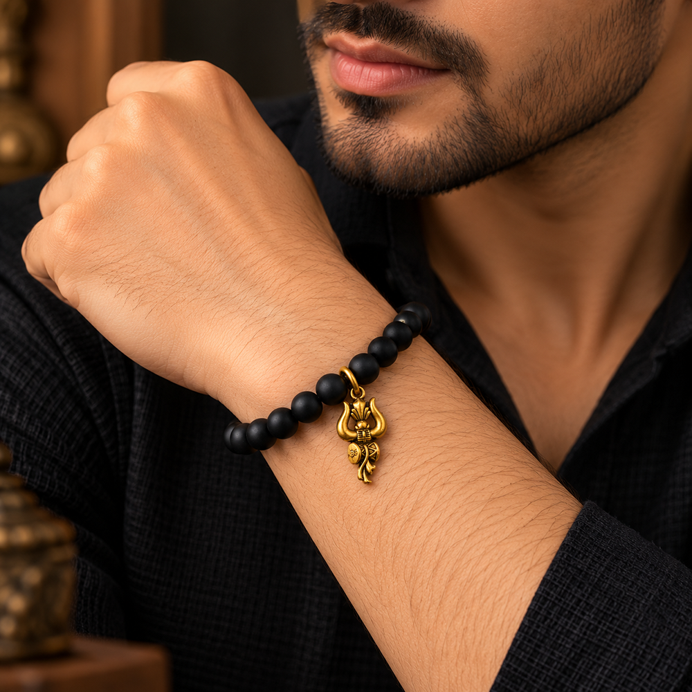 The99Jewel Black Matte Beads Bracelet with Trishul Charm for Mens