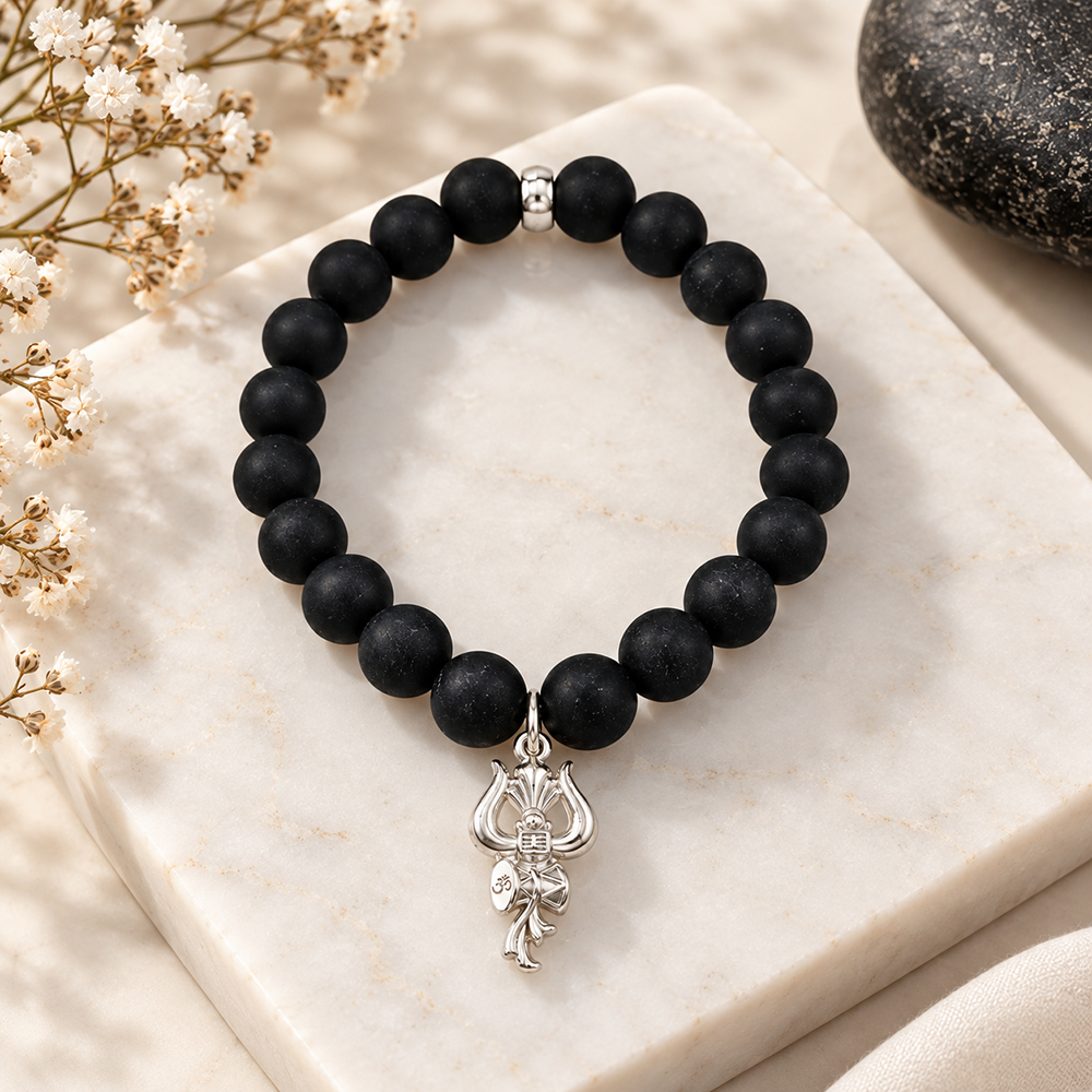 The99Jewel Black Matte Beads Bracelet with Trishul Charm for Mens