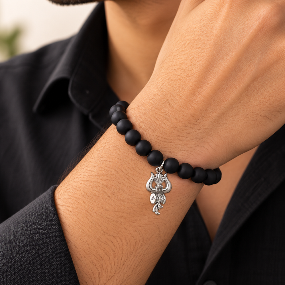 The99Jewel Black Matte Beads Bracelet with Trishul Charm for Mens