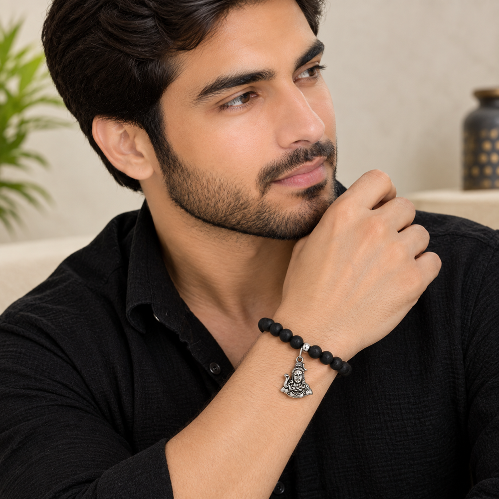 The99Jewel Black Matte Beads Bracelet with Lord Shiva Charm for Mens