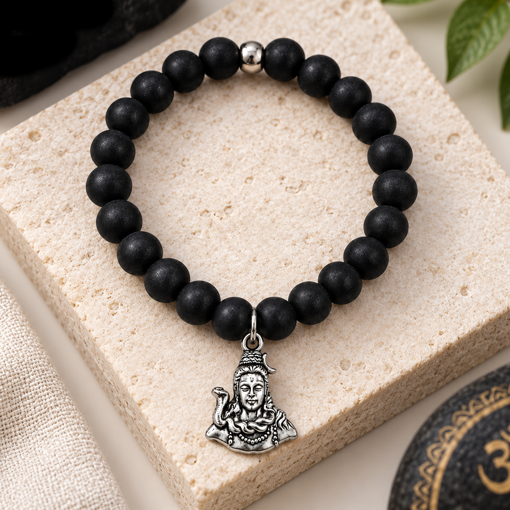 The99Jewel Black Matte Beads Bracelet with Lord Shiva Charm for Mens