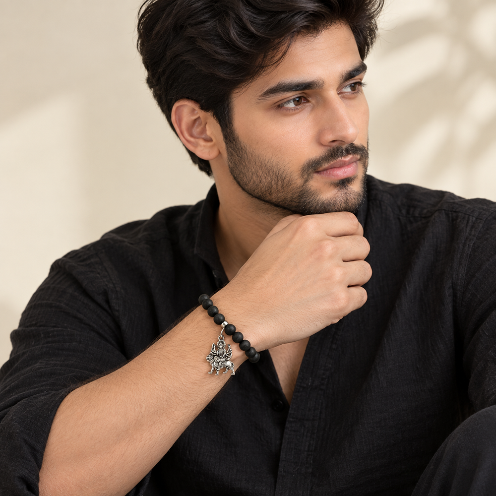 The99Jewel Black Matte Beads Bracelet with Goddess Durga Charm for Mens
