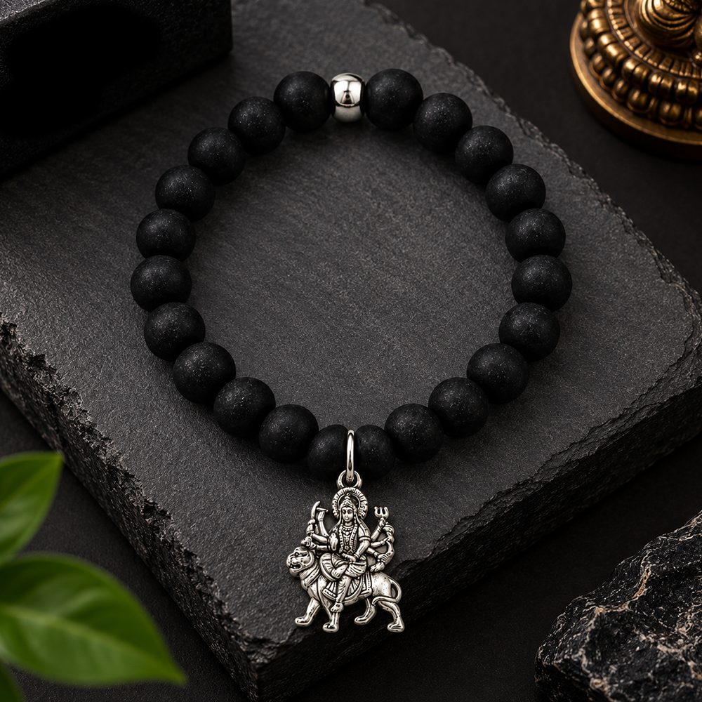 The99Jewel Black Matte Beads Bracelet with Goddess Durga Charm for Mens