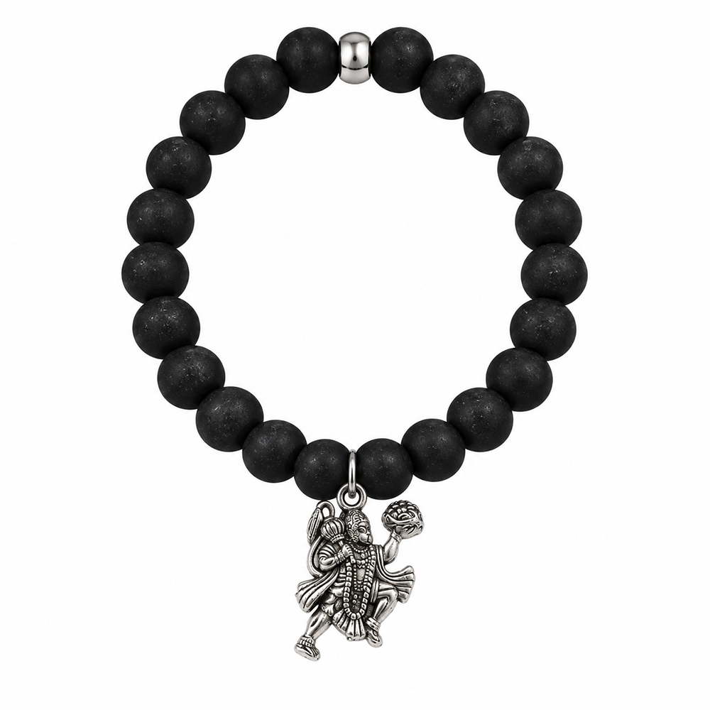 The99Jewel Black Matte Beads Bracelet with Hanuman Charm for Mens