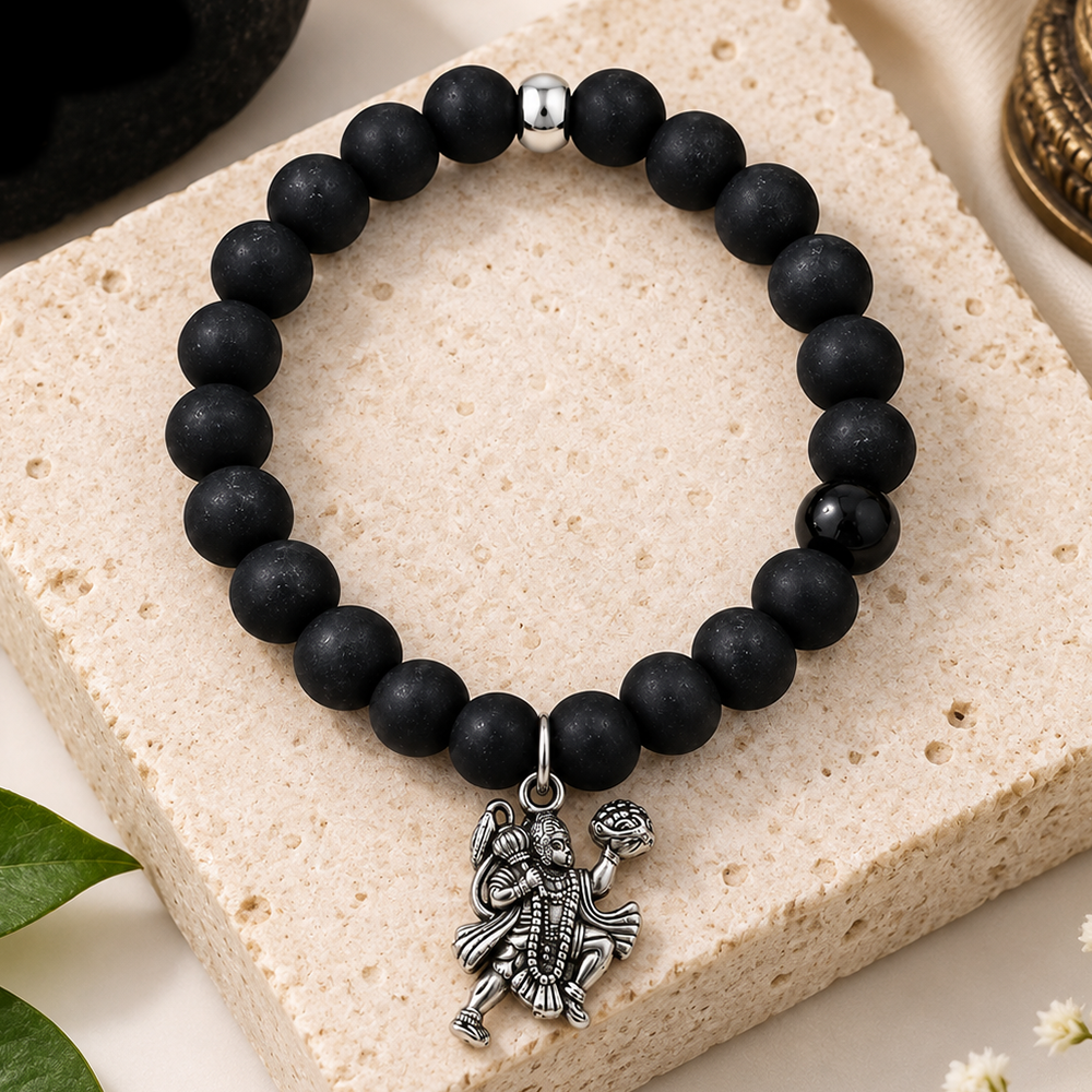 The99Jewel Black Matte Beads Bracelet with Hanuman Charm for Mens