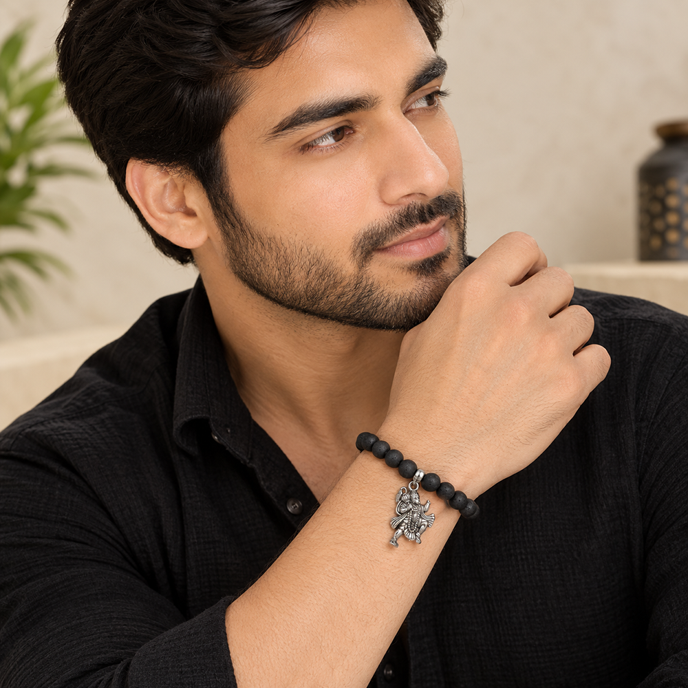 The99Jewel Black Matte Beads Bracelet with Hanuman Charm for Mens
