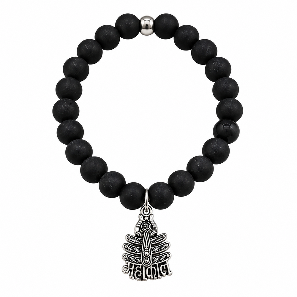 The99Jewel Black Matte Beads Bracelet with Mahakal Charm for Mens