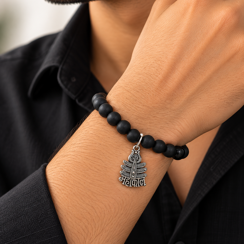 The99Jewel Black Matte Beads Bracelet with Mahakal Charm for Mens