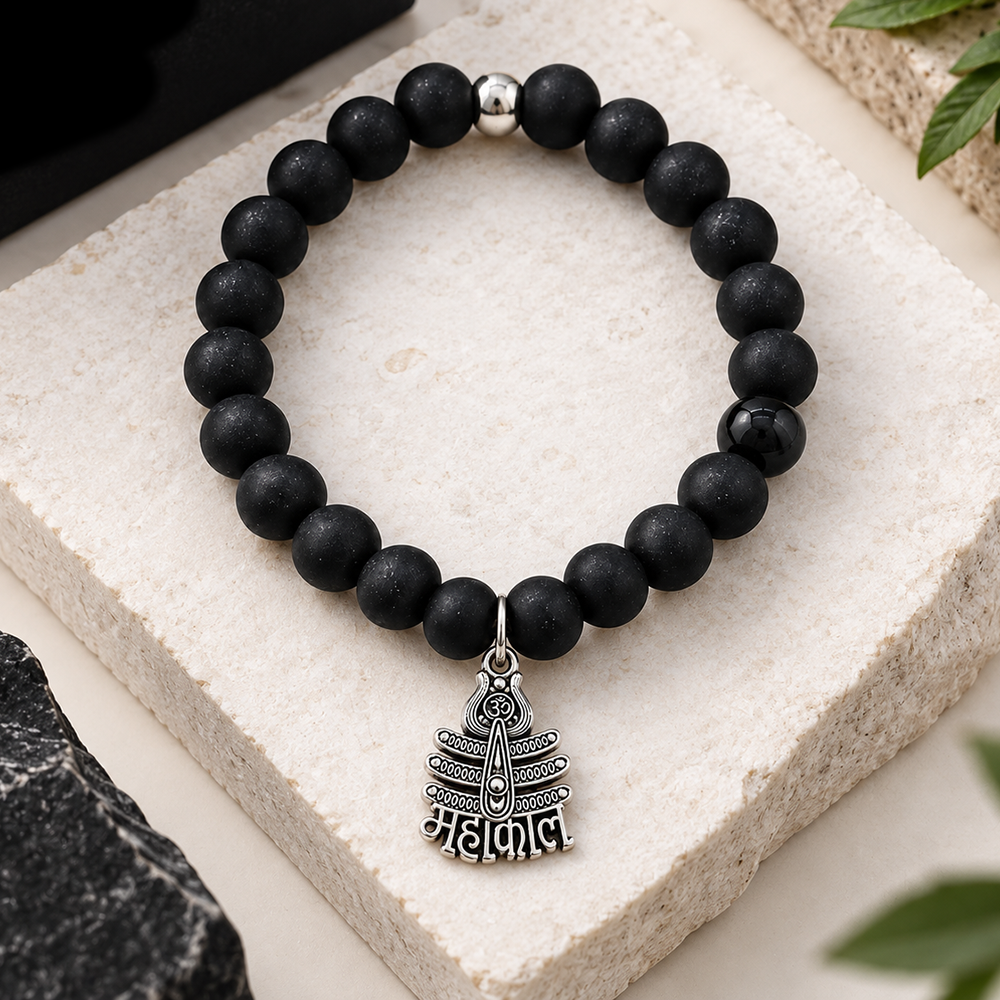 The99Jewel Black Matte Beads Bracelet with Mahakal Charm for Mens