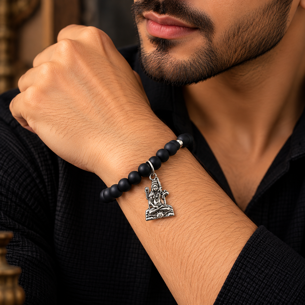 The99Jewel Black Matte Beads Bracelet with Lord Shiva Charm for Mens