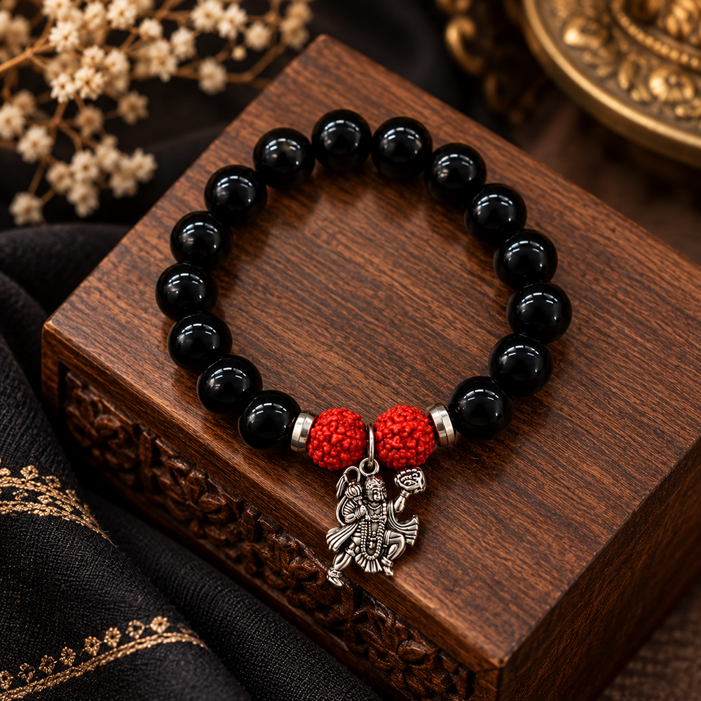 The99Jewel Black Matte Beads Bracelet with Hanuman Charm for Mens