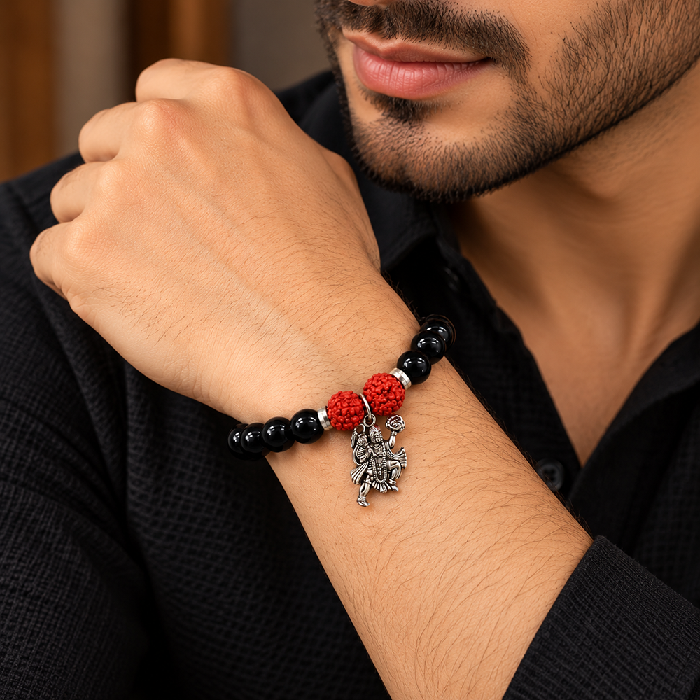 The99Jewel Black Matte Beads Bracelet with Hanuman Charm for Mens
