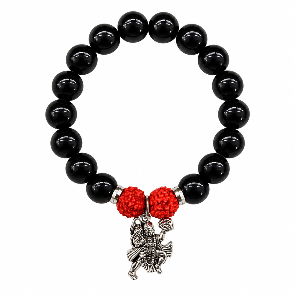 The99Jewel Black Matte Beads Bracelet with Hanuman Charm for Mens