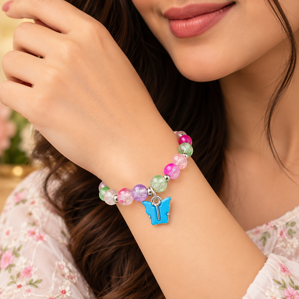 The99Jewel Multi Color Crackle Beads Bracelet with Butterfly Charm ( Assorted Color )