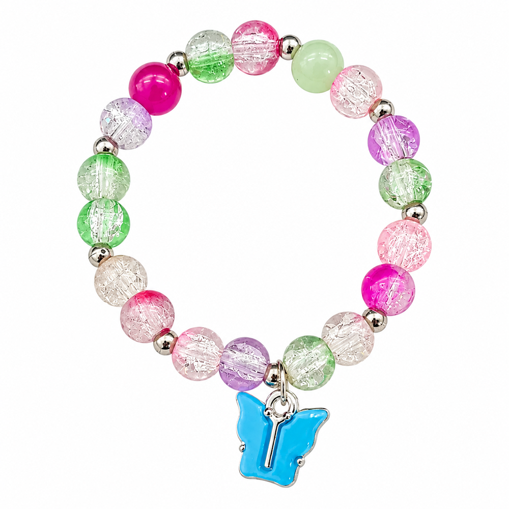The99Jewel Multi Color Crackle Beads Bracelet with Butterfly Charm ( Assorted Color )