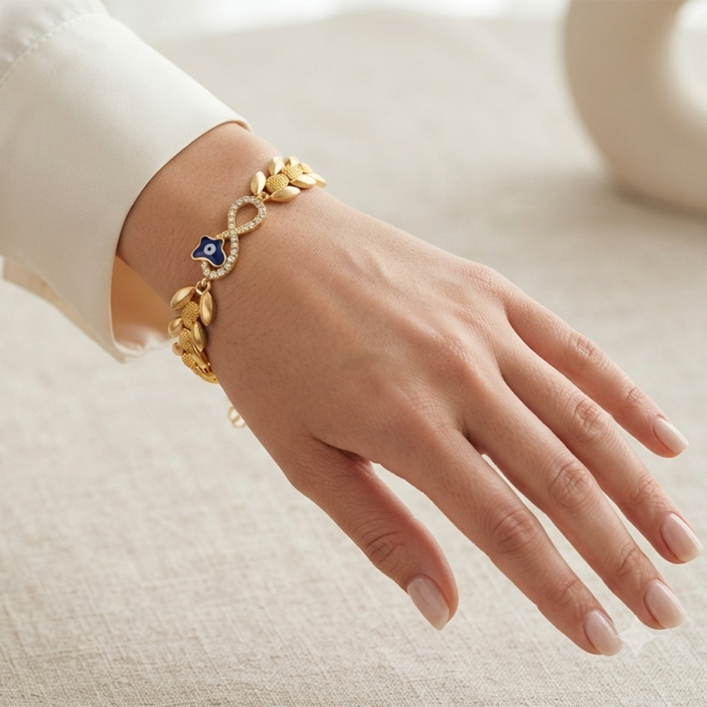 The99Jewel Fashionable Gold Plated Infinity Shape Adjustable Bracelet with Eveil Eye 