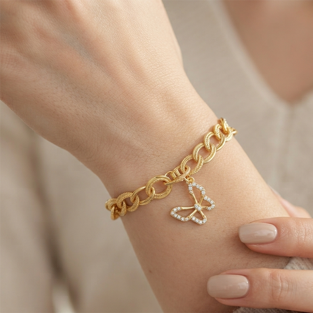 The99Jewel Graceful Gold Plated Austrian Stone Adjustable Bracelet with Butterfly Shape Charm