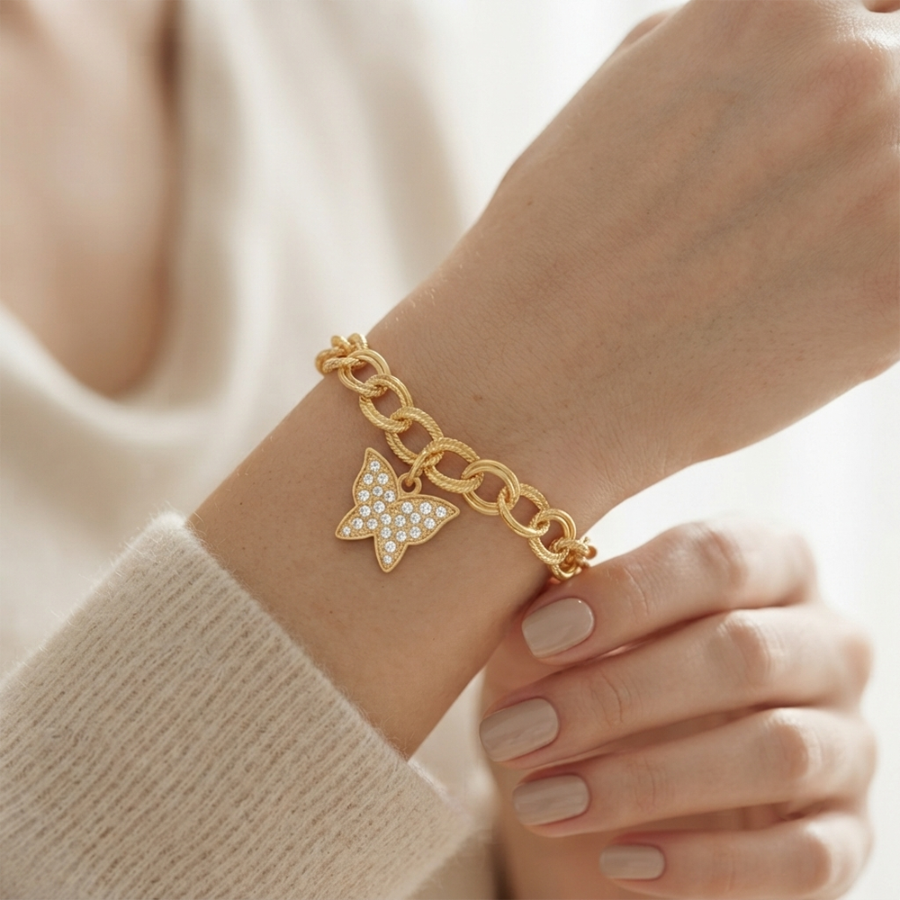 The99Jewel Graceful Gold Plated Austrian Stone Adjustable Bracelet with Butterfly Shape Charm