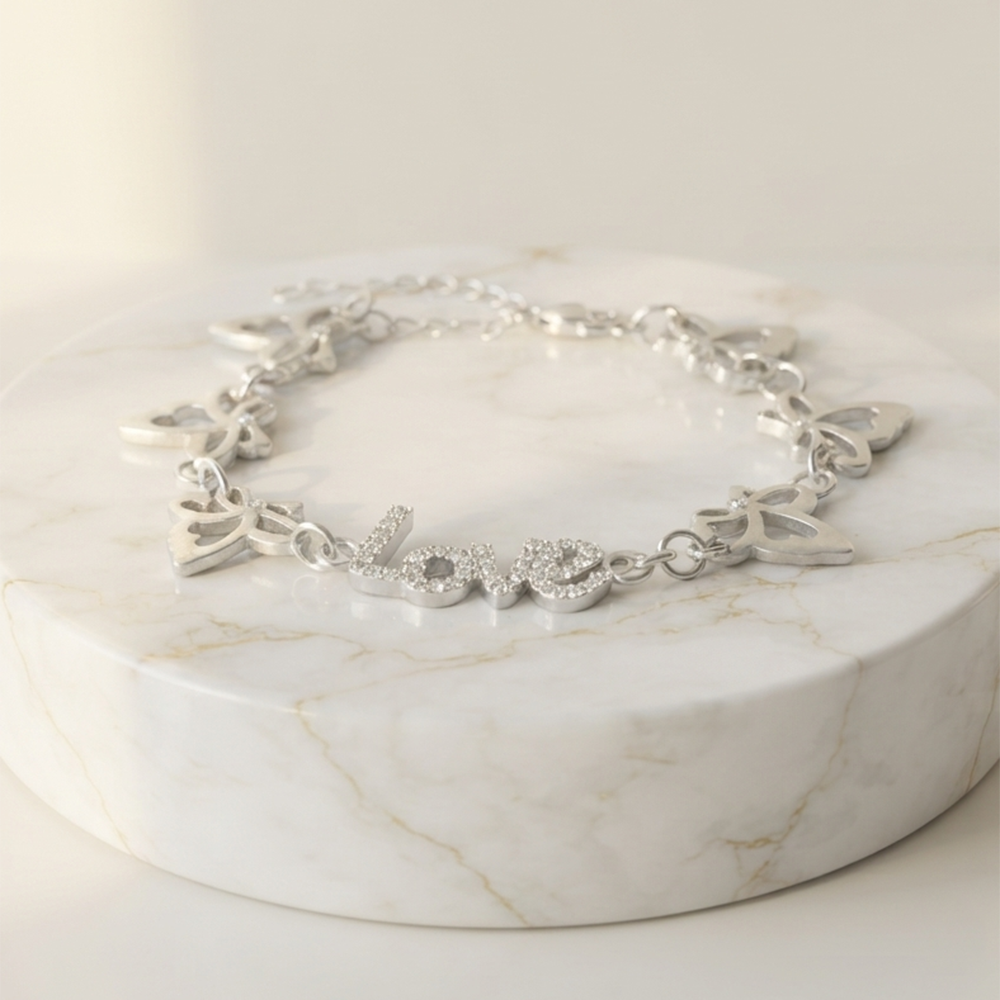 The99Jewel Graceful Silver Plated Austrian Stone Adjustable Bracelet with Love Shape Charm