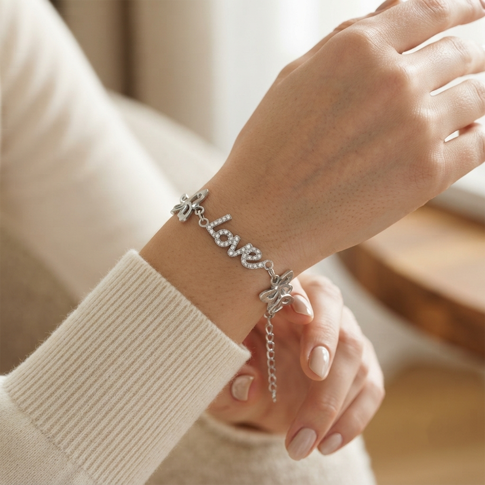 The99Jewel Graceful Silver Plated Austrian Stone Adjustable Bracelet with Love Shape Charm