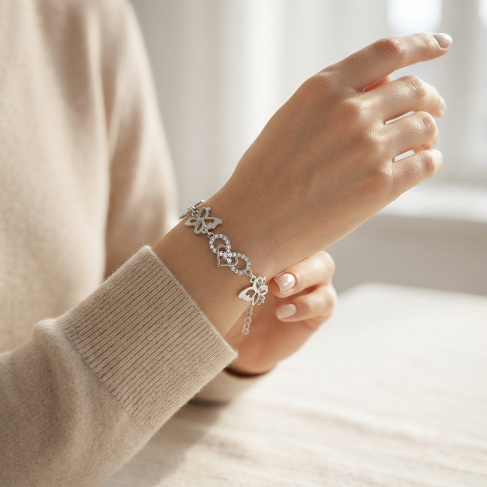 The99Jewel Graceful Silver Plated Austrian Stone Adjustable Bracelet with Heart & ButterflyShape Charm