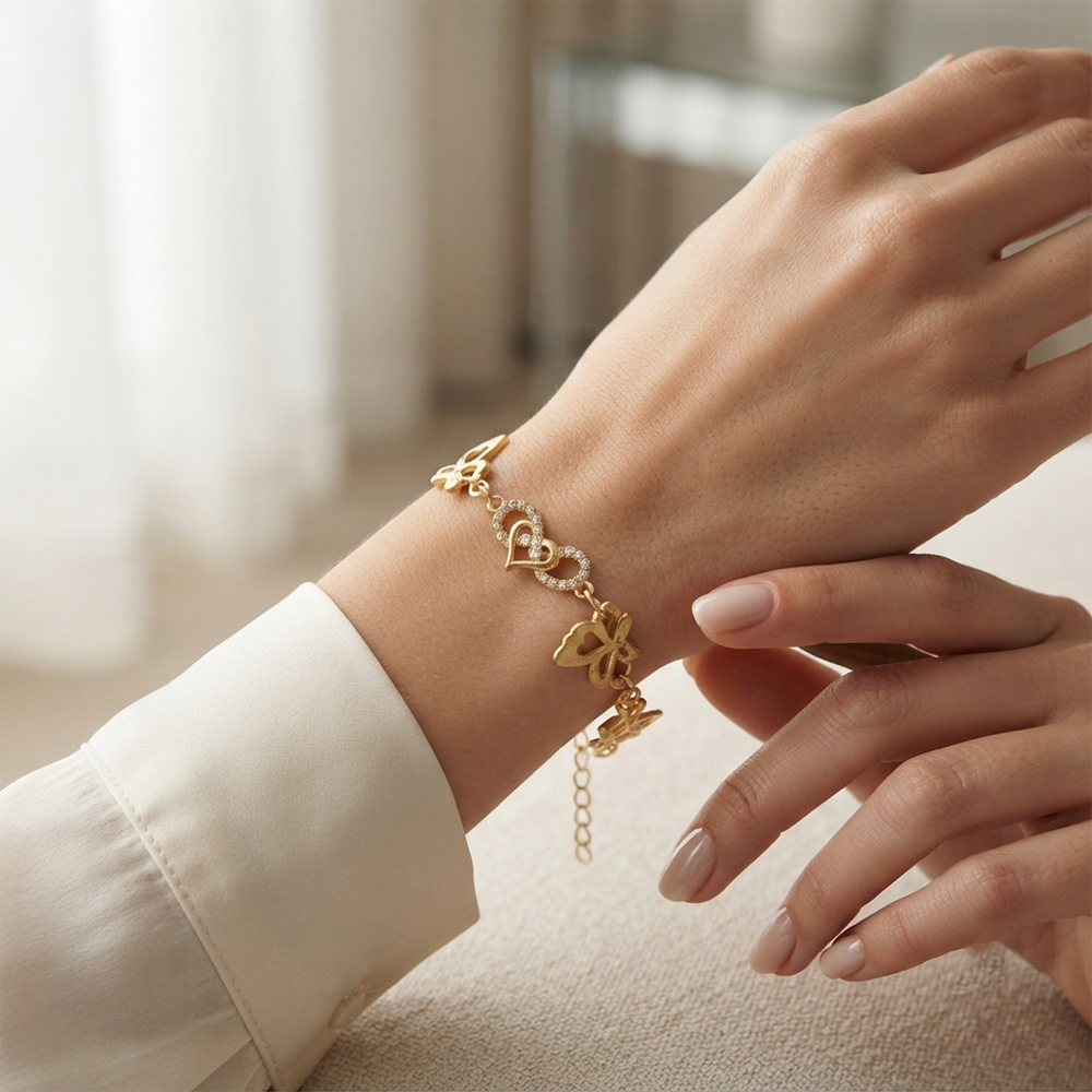 The99Jewel Graceful Gold Plated Austrian Stone Adjustable Bracelet with Heart & ButterflyShape Charm