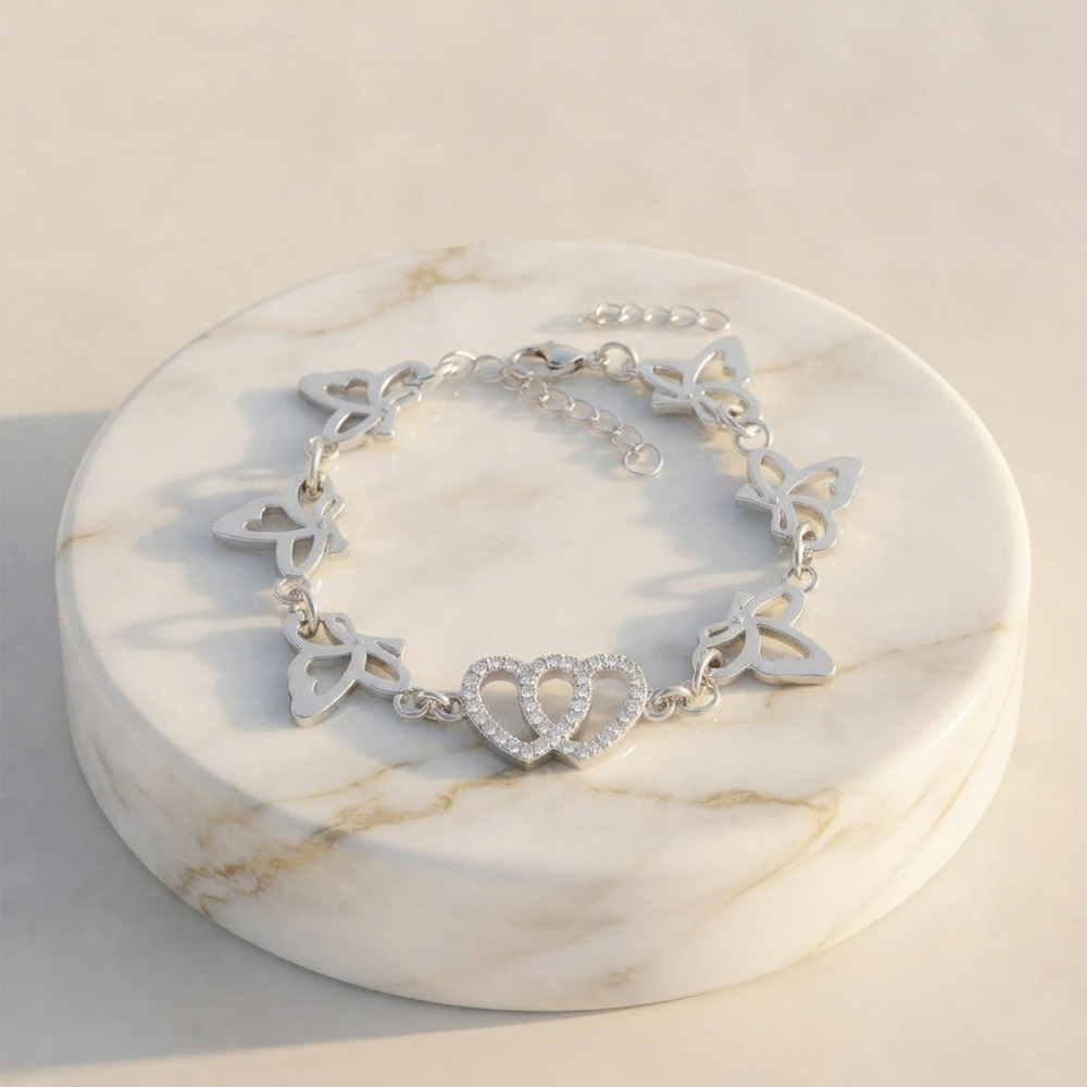The99Jewel Graceful Silver Plated Austrian Stone Adjustable Bracelet with Heart & ButterflyShape Charm