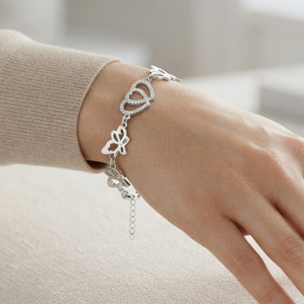 The99Jewel Graceful Silver Plated Austrian Stone Adjustable Bracelet with Heart & ButterflyShape Charm