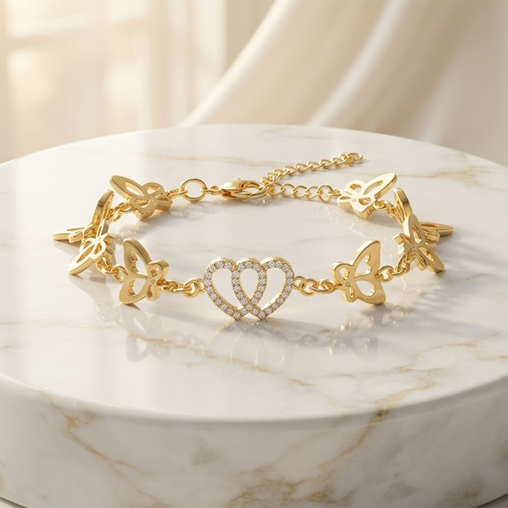 The99Jewel Graceful Gold Plated Austrian Stone Adjustable Bracelet with Heart & ButterflyShape Charm