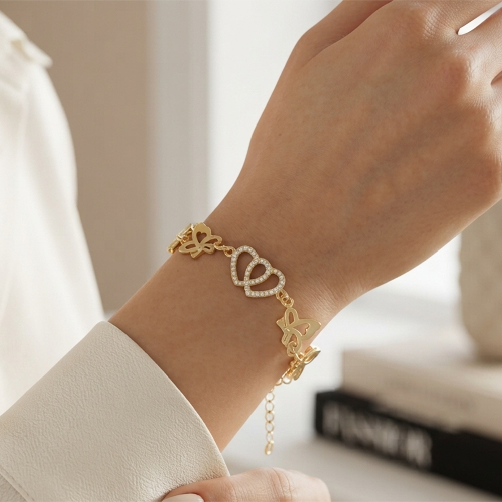 The99Jewel Graceful Gold Plated Austrian Stone Adjustable Bracelet with Heart & ButterflyShape Charm