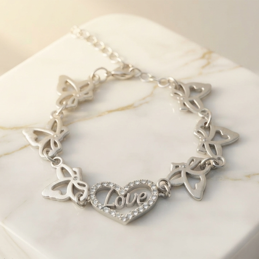 The99Jewel Graceful Silver Plated Austrian Stone Adjustable Bracelet with Heart & ButterflyShape Charm