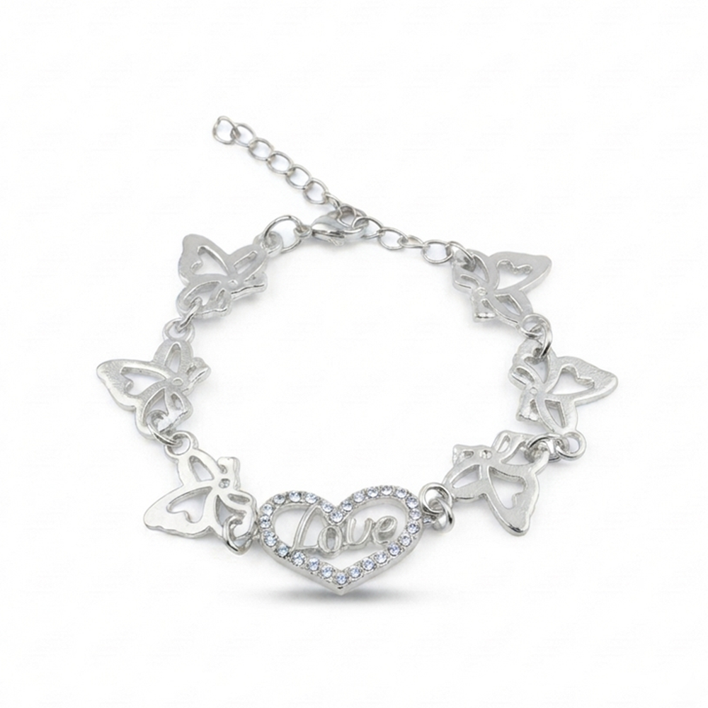 The99Jewel Graceful Silver Plated Austrian Stone Adjustable Bracelet with Heart & ButterflyShape Charm