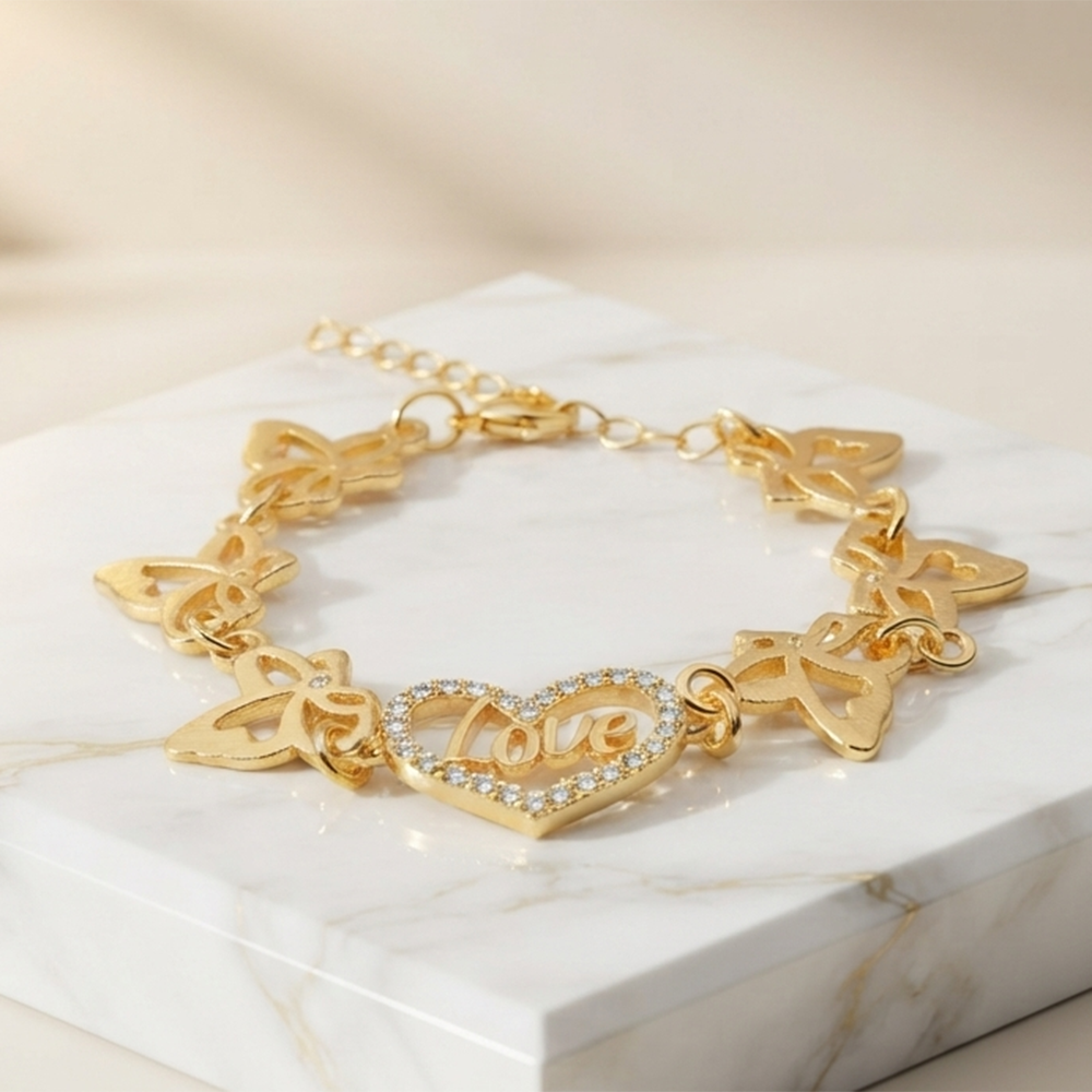 The99Jewel Graceful Gold Plated Austrian Stone Adjustable Bracelet with Heart & ButterflyShape Charm
