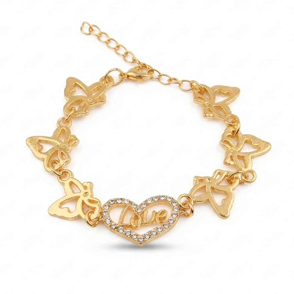 The99Jewel Graceful Gold Plated Austrian Stone Adjustable Bracelet with Heart & ButterflyShape Charm