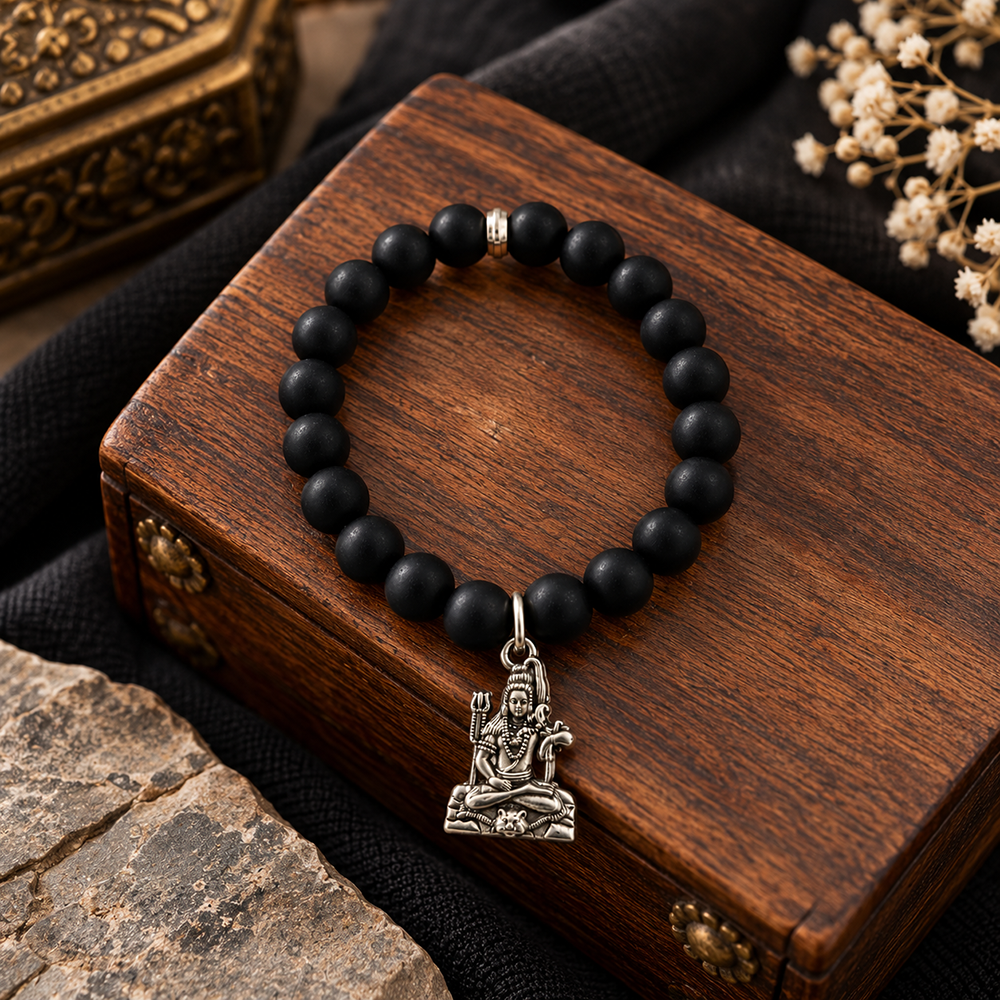 The99Jewel Black Matte Beads Bracelet with Lord Shiva Charm for Mens